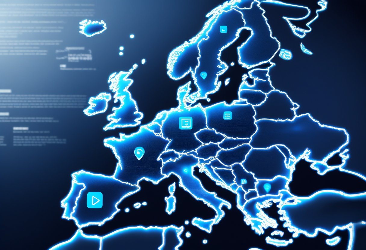 Illustration showing the legality of IPTV in Europe with EU flag, streaming devices, and copyright law symbols