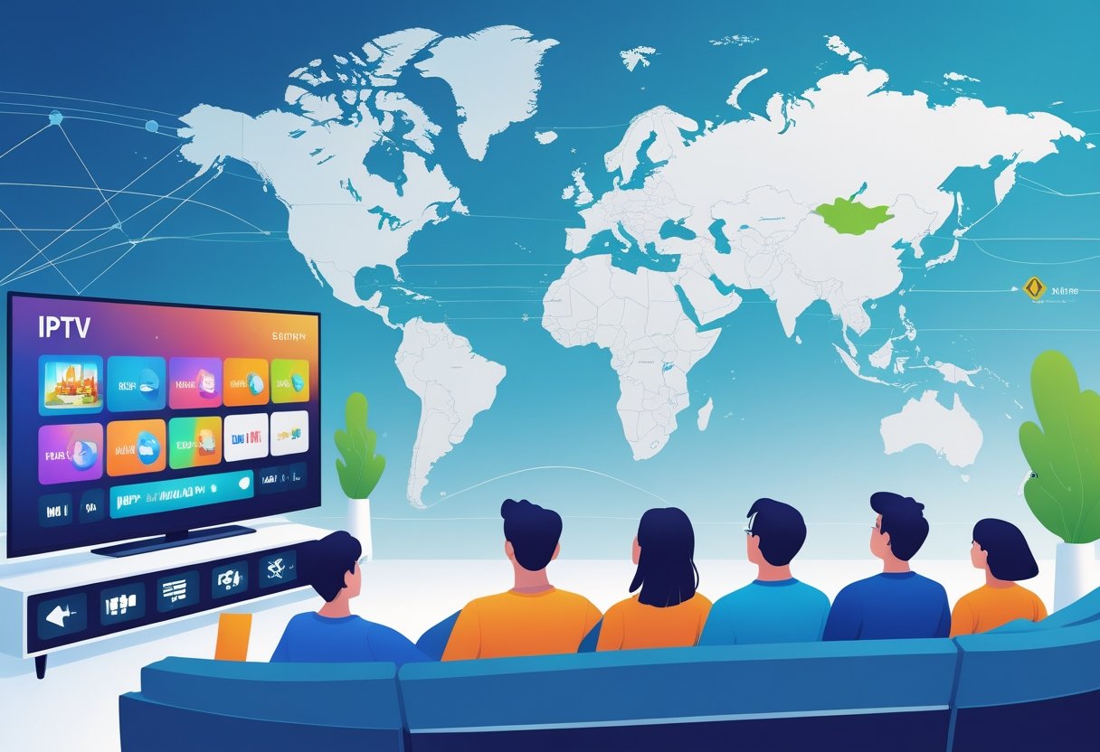 A living room with people watching a large TV showing streaming content, alongside a map of Europe with symbols indicating IPTV legality.
