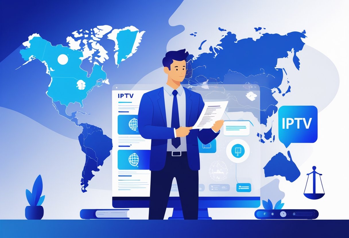 A legal expert reviewing IPTV regulations with a map of Europe and symbols representing streaming and justice in the background.