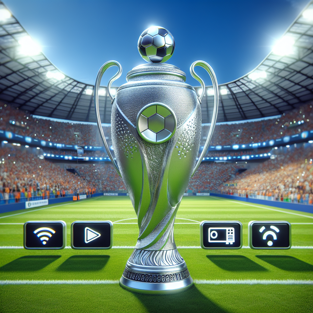 Champions League trophy with a football field background